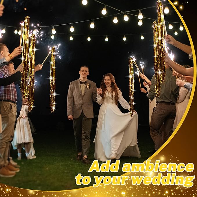 100 Pcs Wedding Fairy Wands with Bells Foil Tinsel Ribbon Stick Wands Tinsel Party Streamers with Bell Glittery Bridal Wedding Send Off Ideas Holiday Celebration (Golden)
