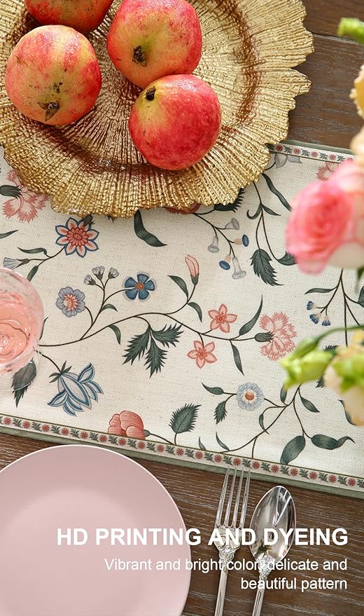 ISAENNE Designer Chinoiserie Elegant Linen Floral Table Runner 102 Inches Long,White Wrinkle Resistant Table Runners for Dining Tables,Thanksgiving,Kitchen Tables,Christmas,12"*102"-Daffy A