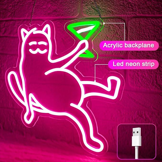 Cat Neon Sign for Wall Decor,Cat Holding Cocktail Neon Lights for Bedroom,Cute Cat Sign for Bar,Light Up Cat Sign,Cat Neon Light Sign for Pubs,Lounge,Cat Led Signs for Wall Decor,Home Bar