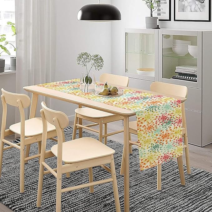 Mid Century Flower Table Runner, Colorful Geometric Abstract Chrysanthemum Vintage Farmhouse Decorations Orange Yellow Gray Table Runner for Kitchen Dining Holiday Party Decor, 13x108 Inch