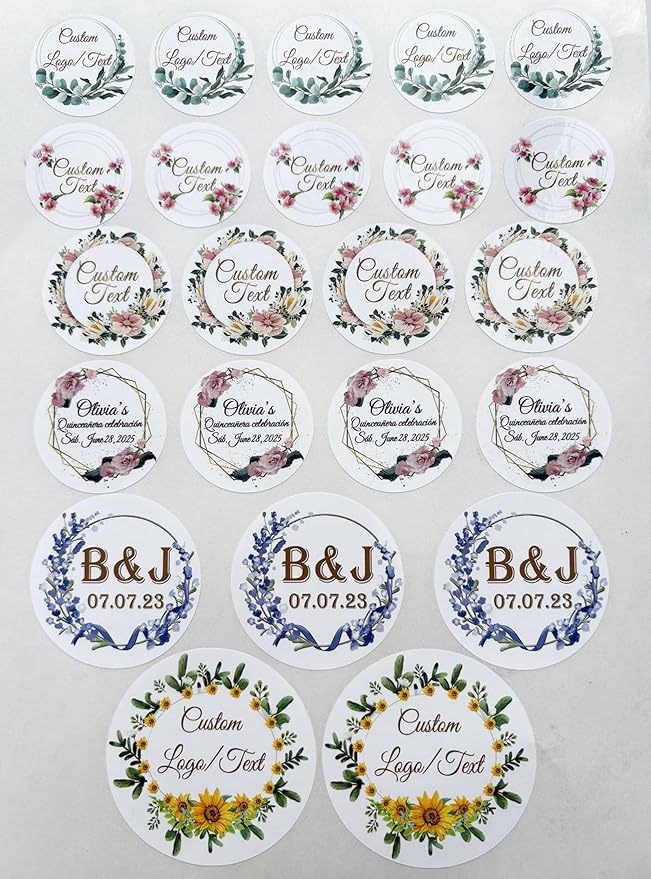 Custom Stickers for Weddings, Birthdays & Businesses - Personalized Labels with Your Logo - Waterproof, Fade and Heat Resistant - Pack of 100-1000 (Wreath L, 2 Inch)