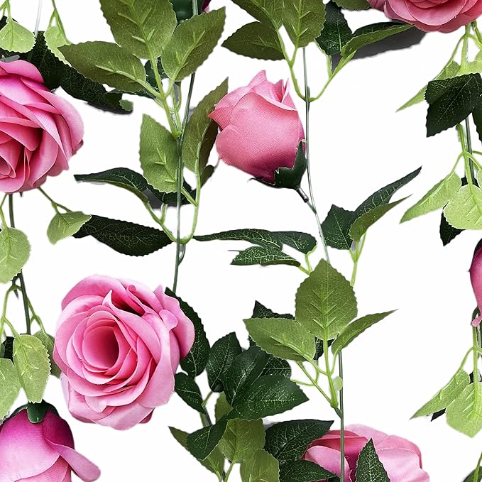 UKELER 2 Pack Artificial Rose Vines Silk Flower Garland Artificial Floral Plant for Wedding Arch Party Garden Craft Home Decor, Dark Pink