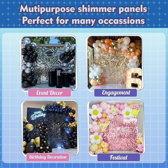 Qcity Black Shimmer Wall Backdrop 48PCS, Black Back Not See-Through Design, Square Sequin Glitter Backdrop Panel, Perfect for Outdoor Events, Birthdays, Wedding and Party Decoration