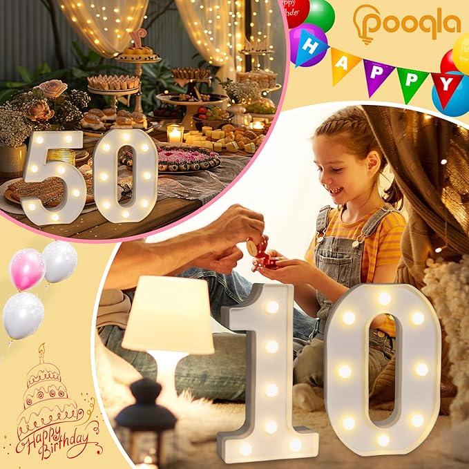 Pooqla Decorative LED Light Up Number Letters, White Plastic Marquee Number Lights Sign for 90th Birthday Party Wedding Decor, Battery Operated