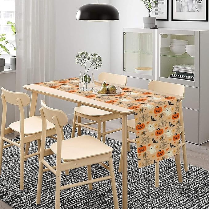 Halloween Table Runner,Cute Ghost Pumpkin Leaves Table Runner for Kitchen Dining Table Decoration Home Party Decor 13x90 Inch