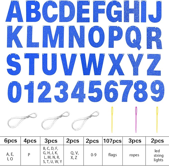 TaoBary 112 Pcs DIY Letter Kit Glitter Customizable Banner Letters Include 107 Letters and Numbers 3 Rope and 2 Needles for Birthday Halloween Christmas Wedding Valentine Party Decor(Dark Blue)