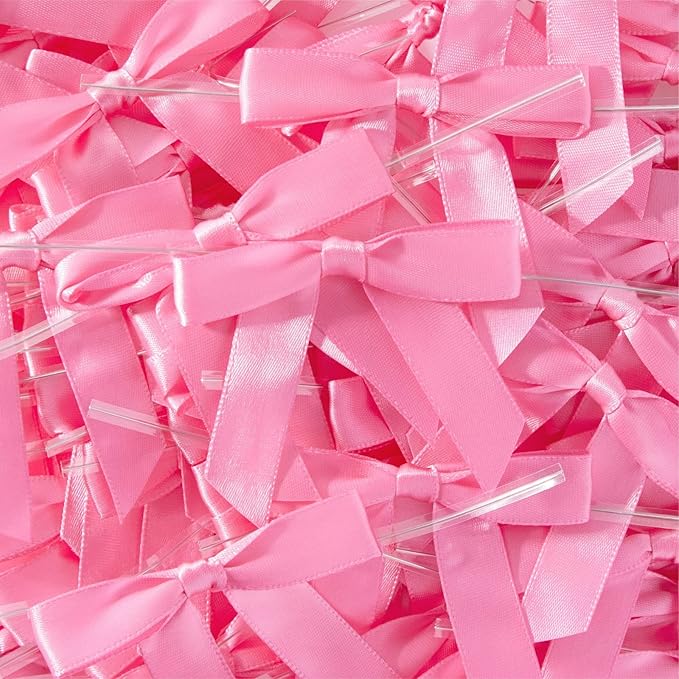 Juvale Pink Twist Tie Gift Bows - Pre-Tied Mini Bows for Crafts & Ribbon Twist Ties for Treat Bags - 100 Count, 3 x 2.5 in, Satin