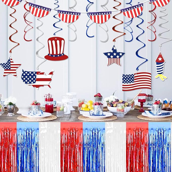 3 Pack 29x108 Inch White Blue Red Foil Fringe Table Skirts Metallic Banner for Tinsel Streamer Garland Backdrop for Parade Floats Wedding Thanksgiving Birthday Christmas Halloween Party Decoration