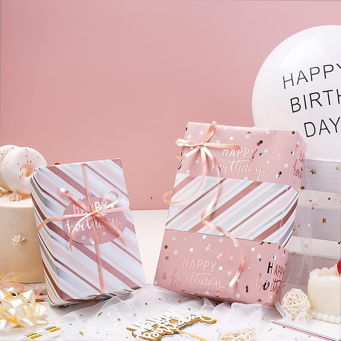 LeZakaa Reversible Pink Birthday Wrapping Paper Roll for Girls Women, Happy Birthday Lettering & Stripe Pattern with Metallic Foil in Pink, Mini Roll, 17 inches x 32.8 Feet (46.45 sq.ft.)