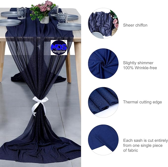 MDS 2 Pack 10ft Chiffon Table Runner 29 x 120 Inches Sheer Wedding Runner Romantic Rustic Table Runner for Wedding Decorations, Birthday Parties, Bridal Shower Party Arch Decor - Navy Blue