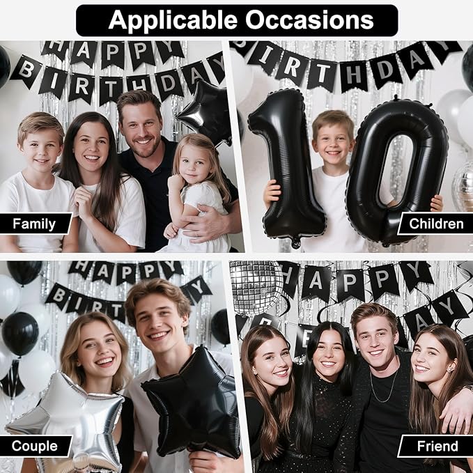 27th Birthday Decorations for Men Women, Black Silver Happy Birthday Party Decorations， 27 Year Old Party Supplies with Number 27 Balloons, Banner, Fringe Curtains Kit