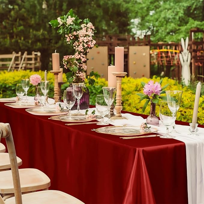 TURSTIN 1 Pack Burgundy Satin Tablecloth 102 x 58 Inch Overlay Satin Table Cover Rectangle Bright Silk Tablecloth Smooth Fabric Table Decoration for Wedding Banquet Party Events