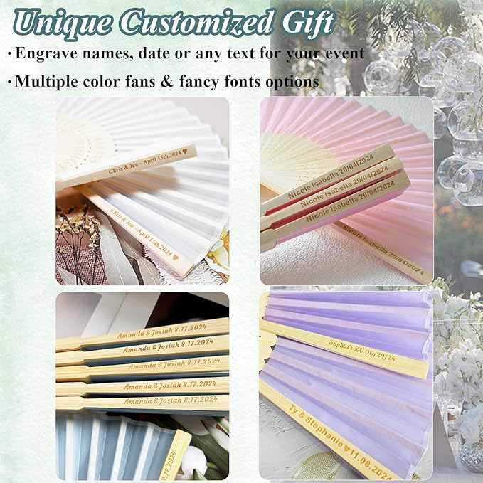 90 Set Personalized Cream Wedding Fans for Guests Bulk, Custom Engraved Summer Wedding Fans, Silk Hand Fans Handheld Folded Fan Baby Shower Favors for Bridal Bridesmaid Gift Church Dancing Party