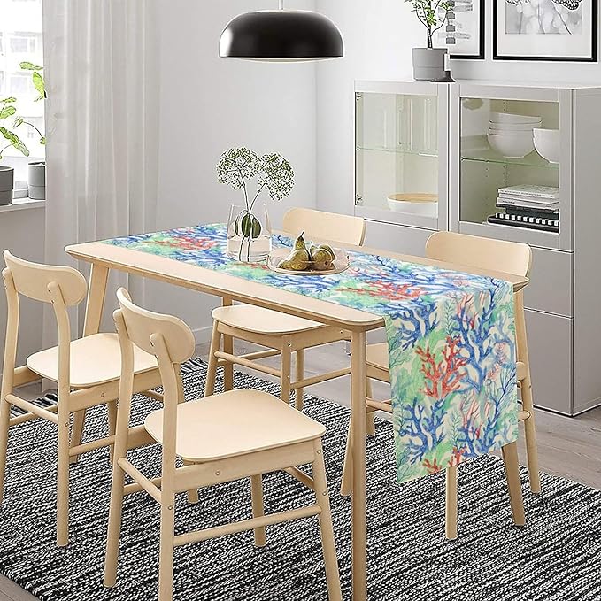 Summer Shell Starfish Table Runner, Seasonal Spring Summer Tropical Ocean Beach Indoor Party Kitchen Outdoor Table Decor 13x120 Inch