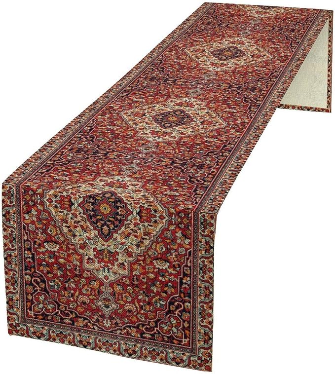 Boho Floral Vintage Table Runner, Paisley Retro Red Flower Rustic Country Farmhouse Abstract Pattern for Home Kitchen Table Decor Dining Coffee Room Party Decor 13x90in