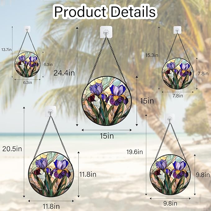 Stained Glass Window Hanging, Purple Blue Iris Birth Flower Suncatcher for Doors Garden Yard Sun Catchers Decor Christmas Mother's Day Birthday Gifts for Teacher Women Mom Nana Wife 7.8 in