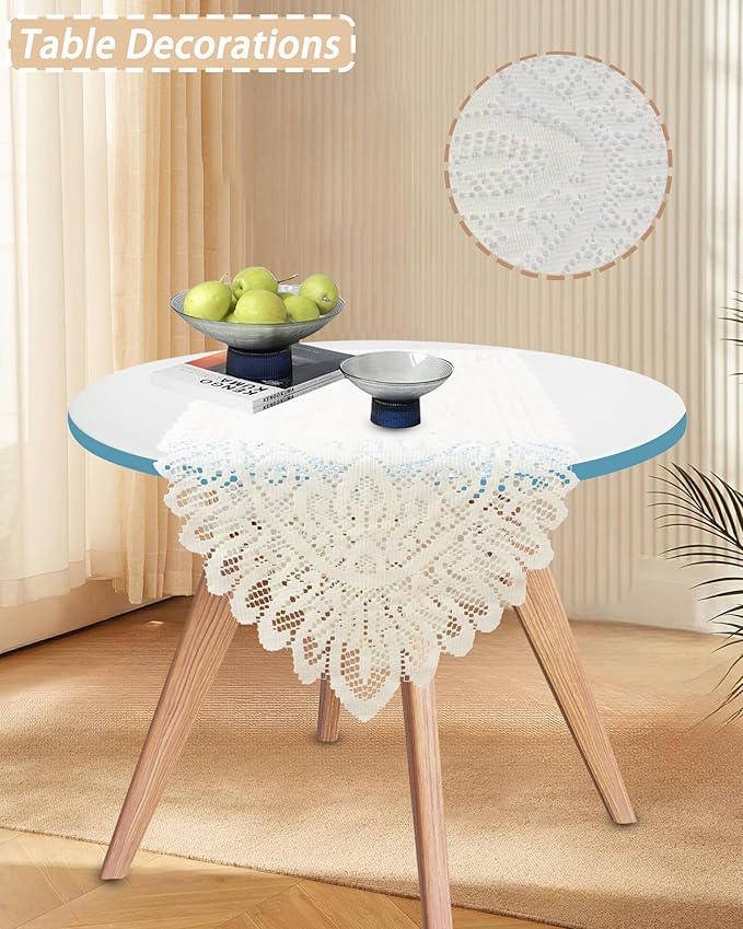 Tinsow 2 Pack Cotton Crochet Lace Rectangular Table Runner Dresser Scarf Doilies (Beige Without Tassels)