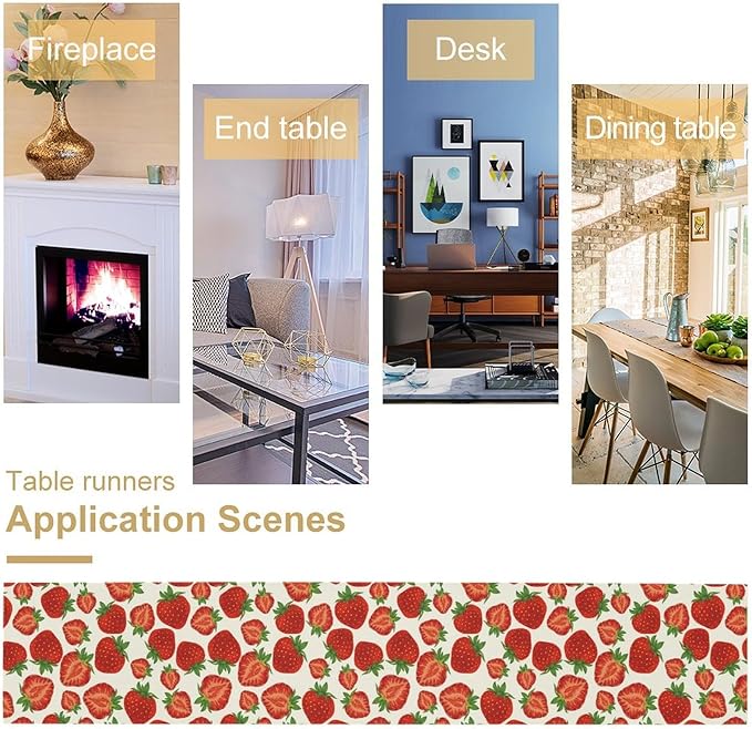 Strawberry Table Runner,Spring Summer Fruit Print Table Runner for Kitchen Dining Table Home Party Decoration 13x60 Inch