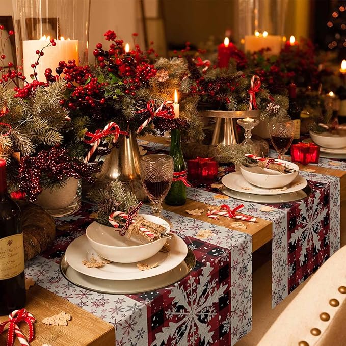 Buffalo Plaid Christmas Cotton Linen Table Runner for Dining Kitchen, Snowflake Red Black Check Wedding Outdoor Party Tablerunner Decoration, Retro Dresser Scarf Coffee Tablecloth Runners 13x72 Inches
