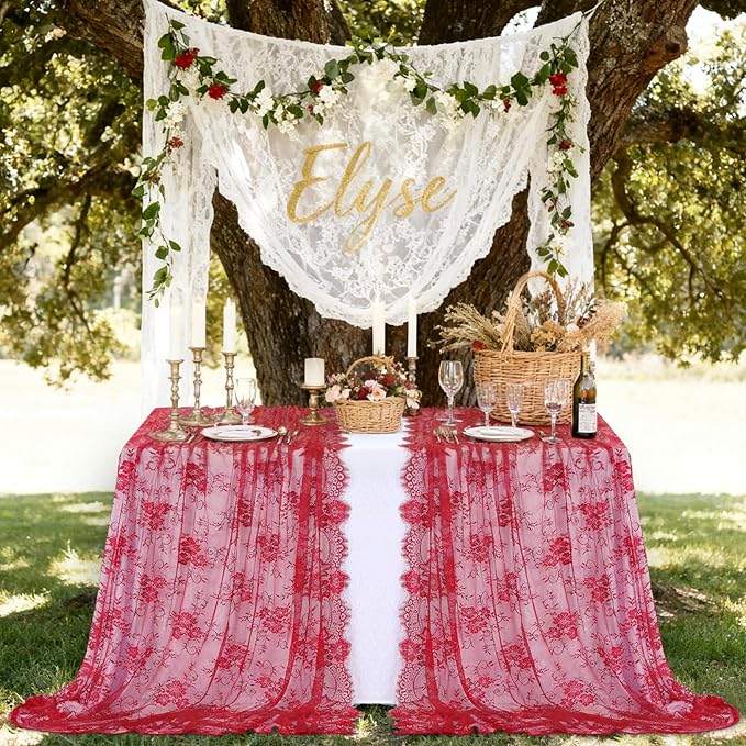 LuoluoHouse Christmas Lace Tablecloth 6pcs Rose Floral Table Fabric 60x120 Inch for Rustic Theme Party Wedding Decoration Rectangle Overlay Long Embroidered Reception Table Cloth Decor