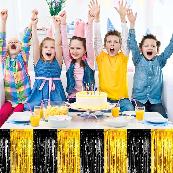 3 Pack 29 x108 Inch Black Gold Foil Fringe Table Skirts Metallic Banner for Tinsel Streamer Garland Backdrop for Parade Floats Wedding Thanksgiving Birthday Christmas New Year Party Decoration