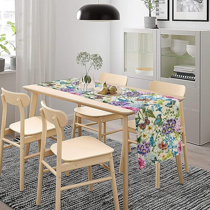 Brown Bird Floral Table Runner Spring Flower Kitchen Table Decoration Suitable for Family Dinner Decoration 13x120 Inch