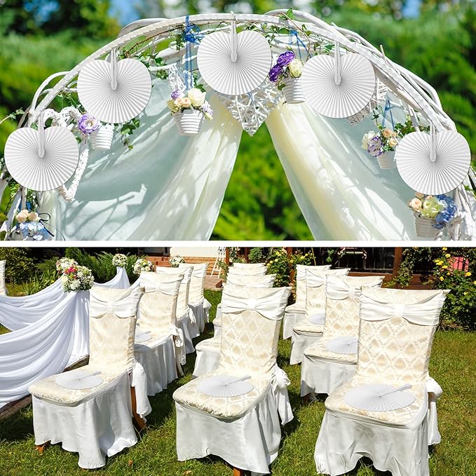 Handepo 200 Pieces Wedding Fans Folding Paper Fans Paper Fans Round Shaped Folding Fans Handheld Fan with Plastic Handle for Wedding Celebration Birthday Party Favor (White)
