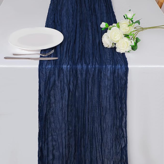 Snowkingdom 13Ft Navy Blue Cheesecloth Table Runner, 160inch Long Cheese Cloth Boho Gauze Runner for Christmas Wedding Bridal Baby Shower Birthday Holiday Party Sheer Table Decorations