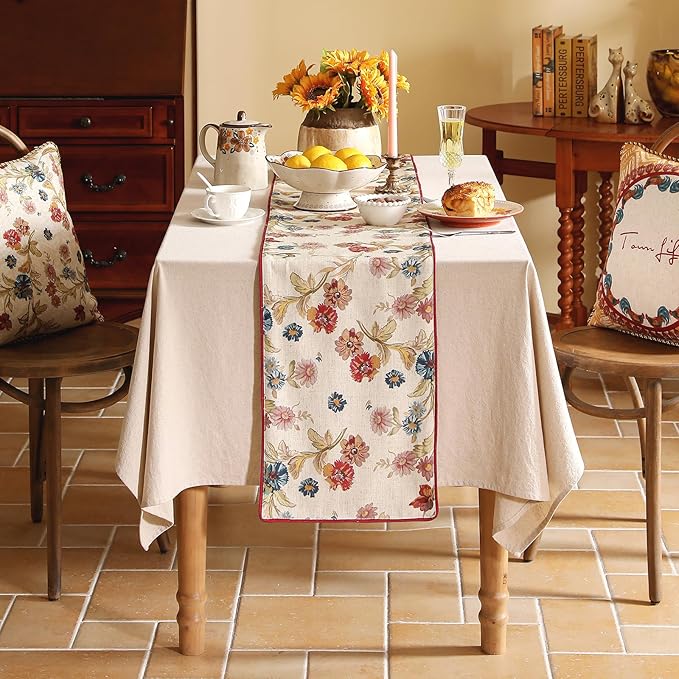 patdrea Designer Farmhouse Linen Extra Long Table Runner, Rustic Cottage Beige with Floral Pattern Fabric Table Mat, Decoration for Kitchen Dining Coffee Table Banquet Christmas , 12"*118"