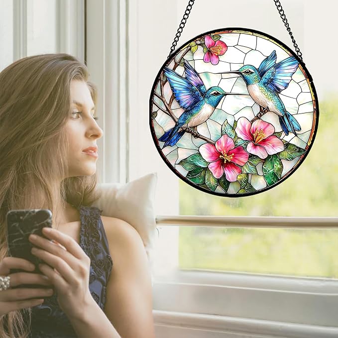 Stained Glass Window Hanging - Blue White Hummingbirds Pink Flowers Suncatcher for Door Terrace Garden Home Decor Bird Sun Catcher Birthday Gifts for Lovers Women Men Dad Mom Nana 15 in