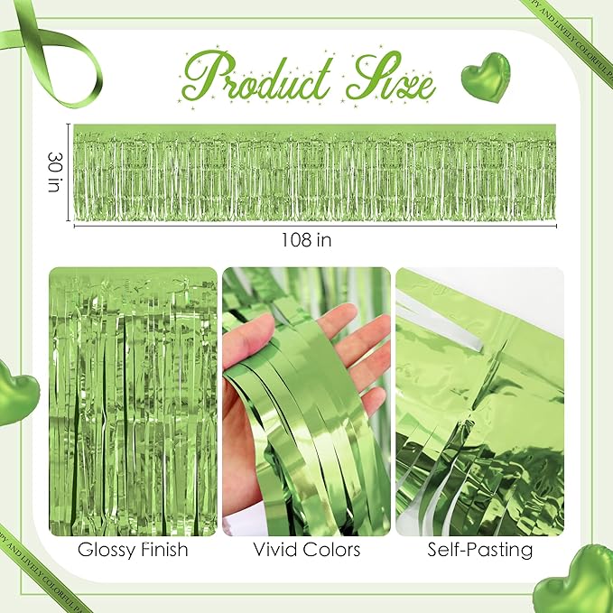 1 Pack Light Green Table Skirts, 29x108" Metallic Foil Tinsel Fringe Table Skirts for Rectangle Tables Streamer Curtains Backdrop, Party Decorations for Birthdays Weddings Holidays