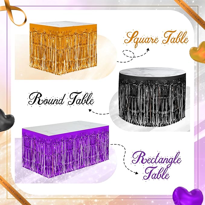 3 Pack Black Dark Purple Orange Table Skirts, 29x108" Metallic Foil Tinsel Fringe Table Skirt for Rectangle Tables Streamer Curtains Backdrop, Party Decorations for Birthdays, Weddings, Holidays