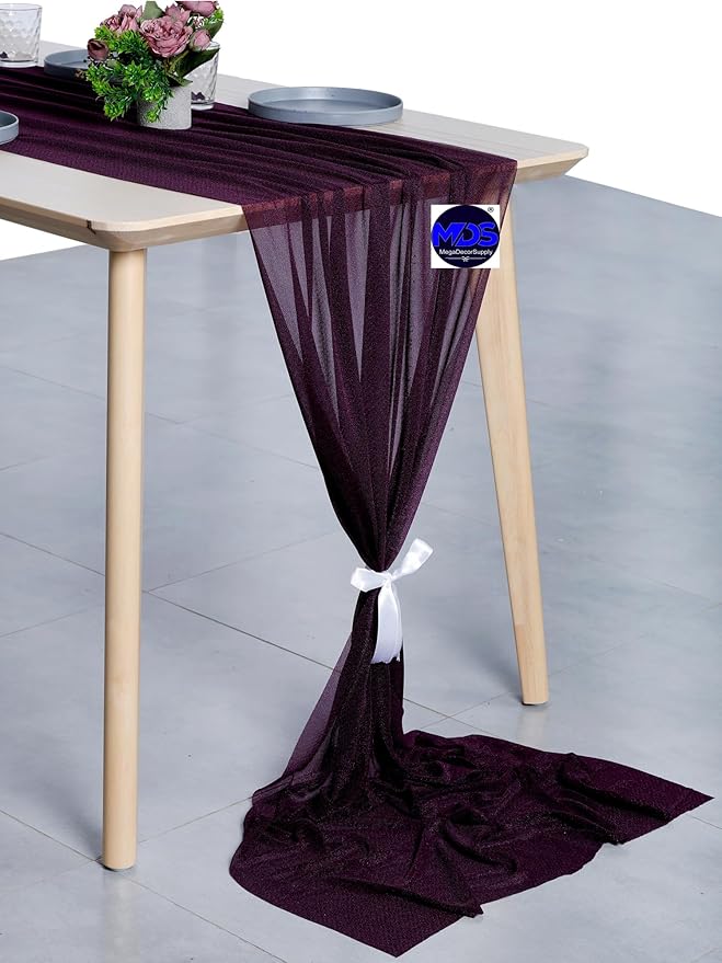 MDS Halloween Chiffon Table Runner - 25 Pack, 29 x 170 Inches, 14ft Each - Sheer Spooky Table Runners for Haunted House Parties, Trick-or-Treat Tables, Witchy Décor, Wedding & Events - Eggplant