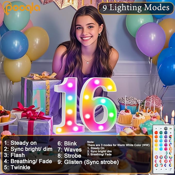 Pooqla 15th Birthday Decorations for Girls Boys, 35 Colors LED Light Up Numbers with Remote, Multicolor Marquee Numbers 15 Sign for Teen Party Anniversary Wedding Decor 15th Birthday Gift, Number 15