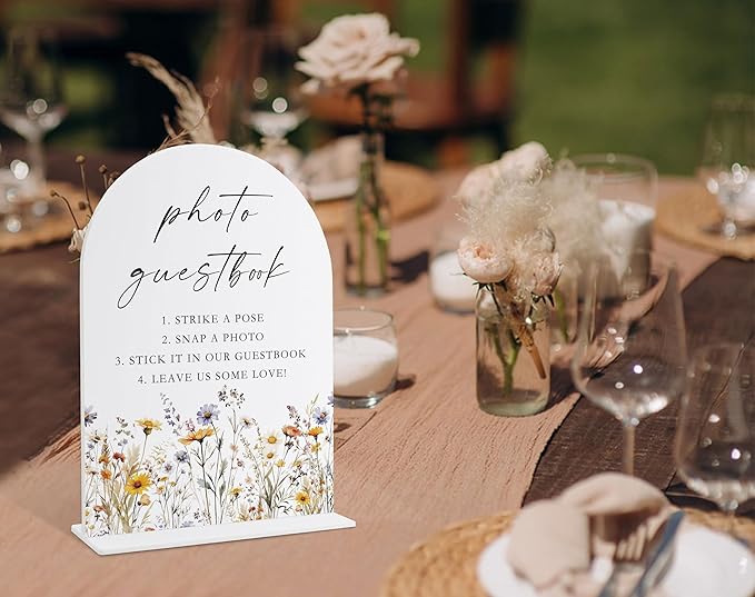 Wedding Signs for Ceremony and Reception, Boho Floral Acrylic Photo Guestbook Sign, Wedding Signage with Stand, Bridal Shower Table Centerpieces, Supplies for Engagement Reception Event Party, 28