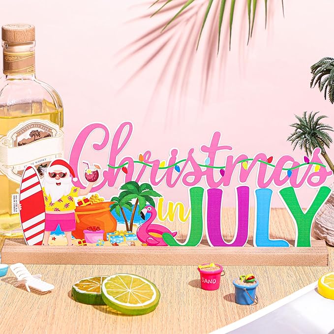 Christmas in July Metal Sign Rustic Table Decor Holiday Tiered Tray Decor with Wooden Base Freestanding Metal Word Sign for Home Tabletop Centerpiece Mantel Shelf Fireplace