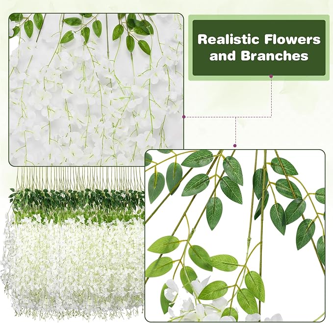 Wisteria Hanging Flowers,Fake Hanging Flowers,Wisteria artificiales Garland for Home Wedding Arch Floral Party Garden Ceremony Outdoor Decor,3.6 feet Long(48,White)