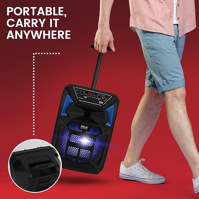 Pyle Bluetooth PA Speaker & Microphone System - Portable Karaoke Speaker with Wired Mic, Built-in LED Party Lights, FM Radio, MP3/USB/Micro SD Readers, Speaker Stand (8’’ Subwoofer, 400 Watt MAX)