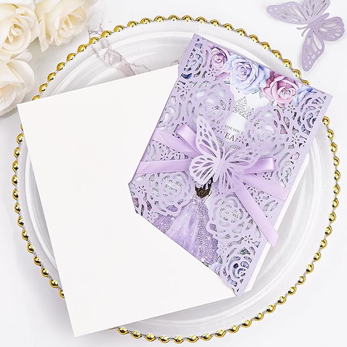 Purple Butterfly Laser Cut Wedding Invitations 50 Set, Hollow Out Rose Shaped Wedding Invites for Bridal Shower Quince Invitaciones Para Boda (Blank Inner Sheet, No Pattern)