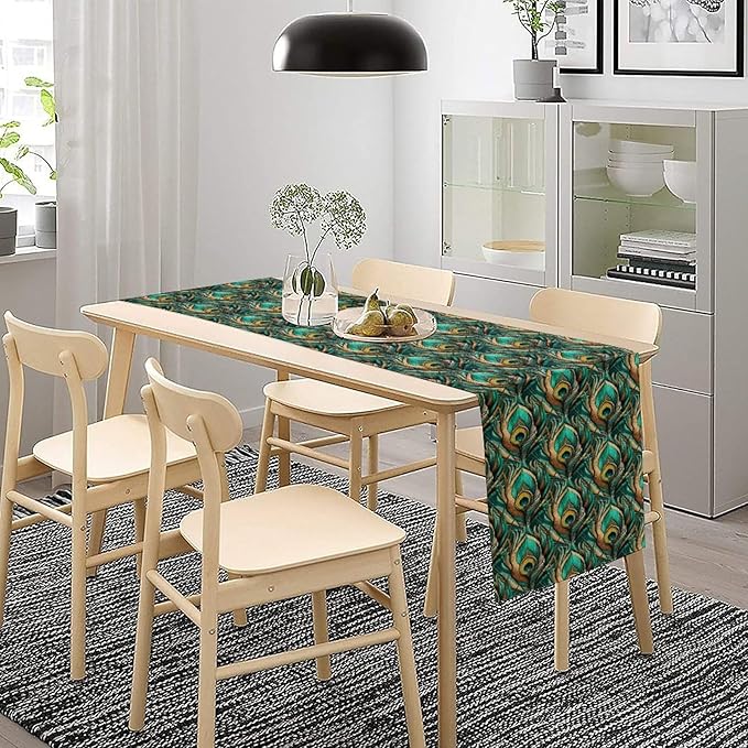 Peacock Feather Table Runner,Retro Aesthetic Green Table Runner for Home Kitchen Dining Party Indoor Outdoor Decoration 13x90 Inch