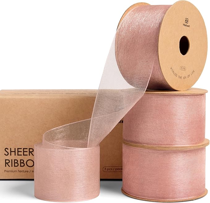 Vitalizart Pink Organza Ribbon 1.5" x 30 Yd Rose Gold Sheer Ribbons for Gift Wrapping Crafts Christmas Party Decor Bows Wedding Invitations Wreaths Bouquet