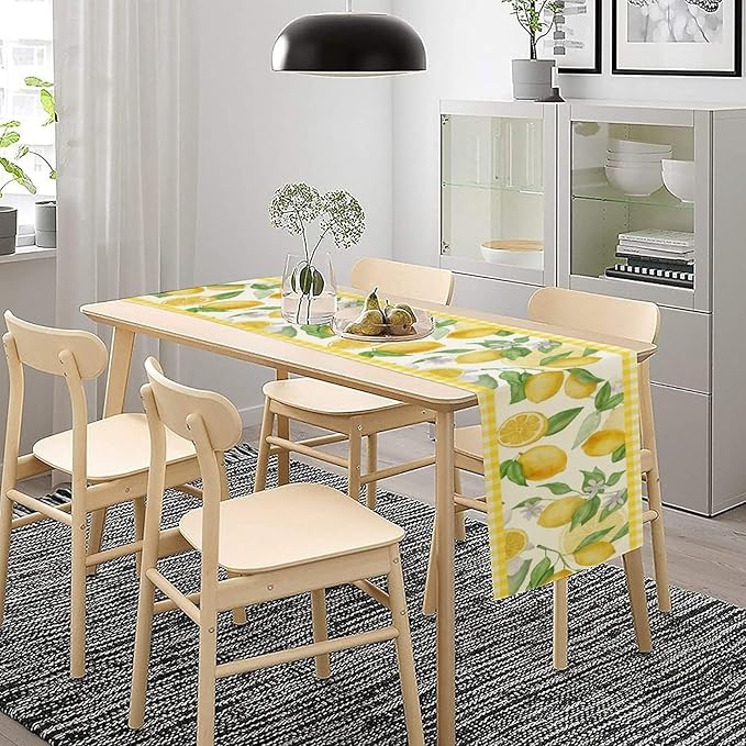 Lemon Table Runner,Yellow White Buffalo Plaid Summer Table Runner for Kitchen Dining Table Home Party Decoration 13x72 Inch