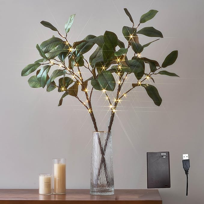Hairui Lighted Magnolia Branches with Timer 32IN Battery Operated or USB Plug in, Faux Greenery Willow Branch with Lights 60 LED Fairy Lights for Room Fireplace Spring Decoration
