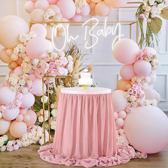 Dusty Rose 6ft Table Skirt for Rectangle Tables or Round Tables Sheer Tablecloth for Baby Girl Birthday Princess Party Wedding Table Decor