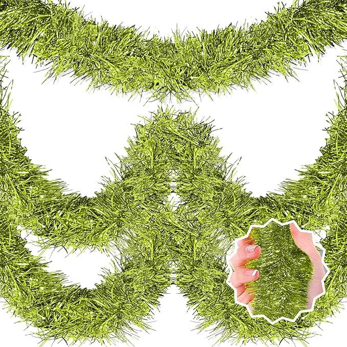 50 Feet Light Green Christmas Tinsel Garland, Metallic Foil Twist Banner Wall Hanging Tinsel Streamers Backdrop for Parade Floats, Christmas, Mother's Day, Birthday Party Decorations(2in x 50ft)