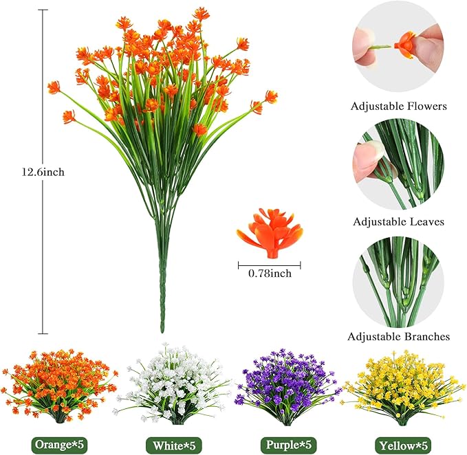 AmyHomie 20 Bundles Artificial Flowers for Outdoor UV Resistant Faux Flowers No Fade Fake Plastic Plants Garden Porch Window Box Decorating(Mix Color)