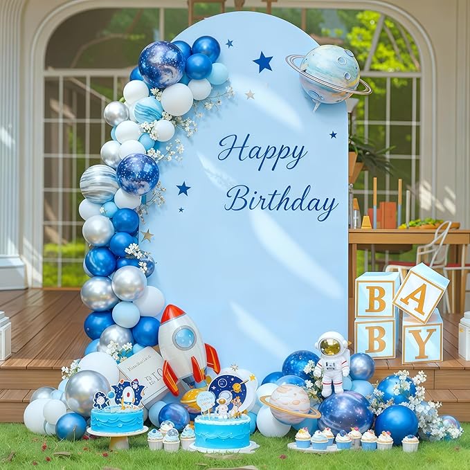 7.2FT Blue Arch Backdrop Cover - Polyester Fitted Wedding Arch Stand Covers Round Top Chiara Arch Backdrop Cover for Birthday Party Banquet Photo Background Decoration
