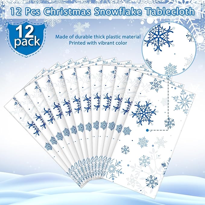 12 Pieces Snowflake Christmas Party Tablecloth Decorations,Plastic White Snowflake White Blue Xmas Backdrop Sign Table Cover Banner for Winter Christmas Holiday Party Supplies,54x108 inch（White/Blue）