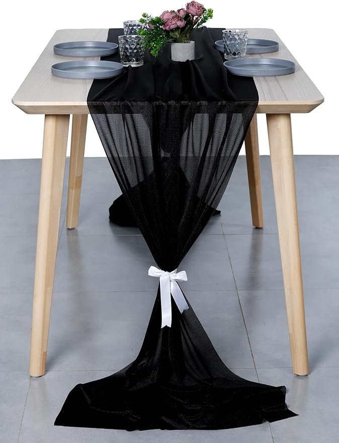 MDS Halloween Chiffon Table Runner - 20 Pack, 29 x 170 Inches, 14ft Each - Sheer Spooky Table Runners for Haunted House Parties, Trick-or-Treat Tables, Witchy Décor, Wedding & Events - Black