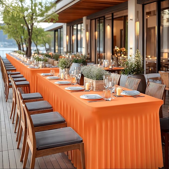 Wish Care 6 Pack Orange Spandex Table Clothes for 8 Foot Rectangle Tables, 8FT Wrinkle Free Fitted Tablecloths Ruffles Design Table Cover for Party, Banquet, Wedding and Events